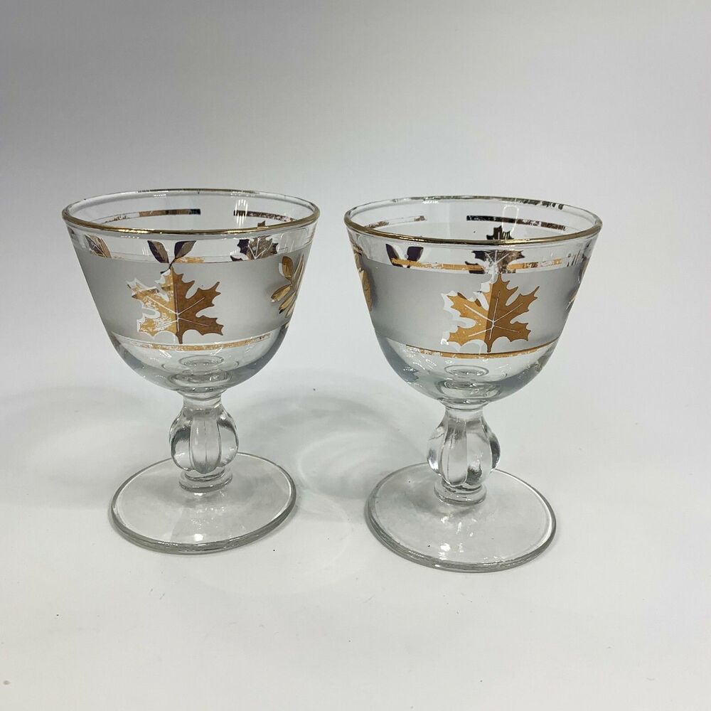 Libbey Sherbet Stemware Golden Foliage Leaf Frosted 1960s Vintage MCM Set of 2